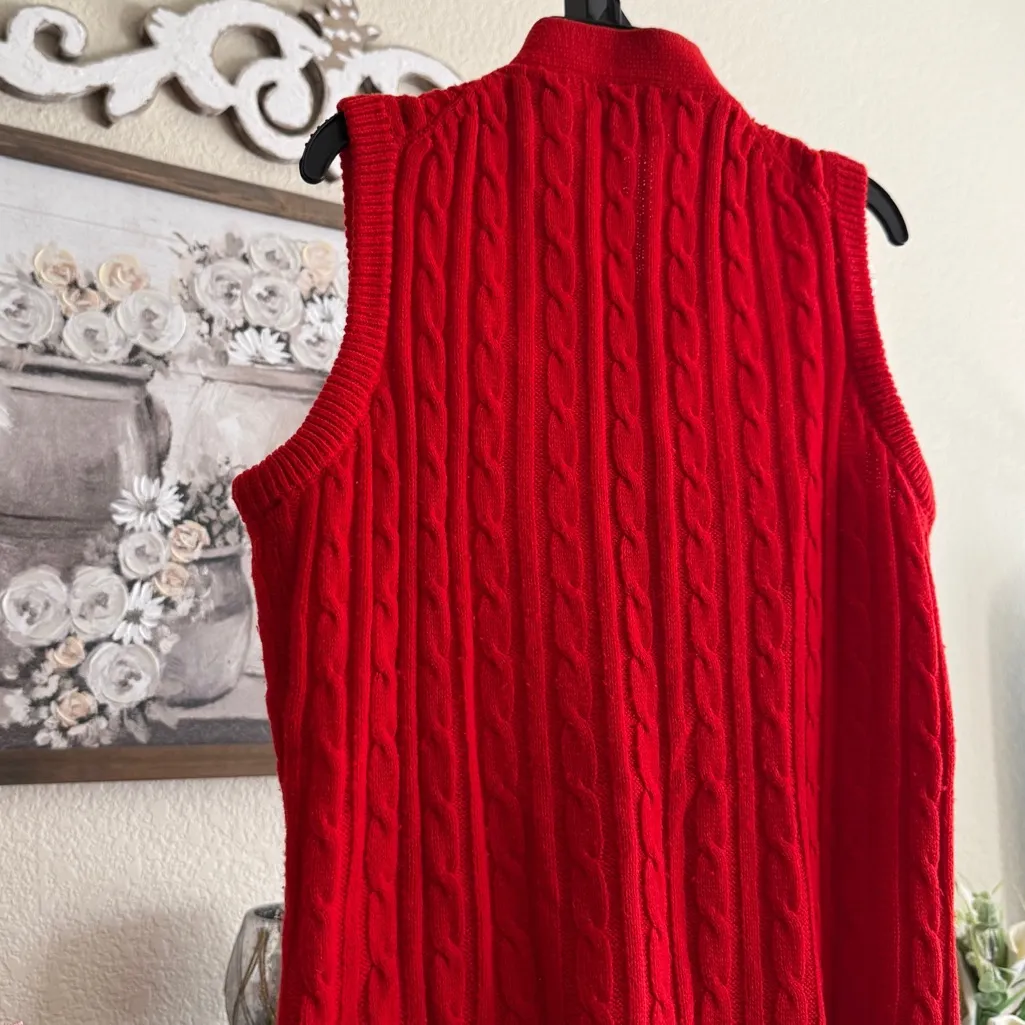 Vintage Red Cable Knit Sweater Vest Medium Button Front Pockets Fall Retro - Image 4
