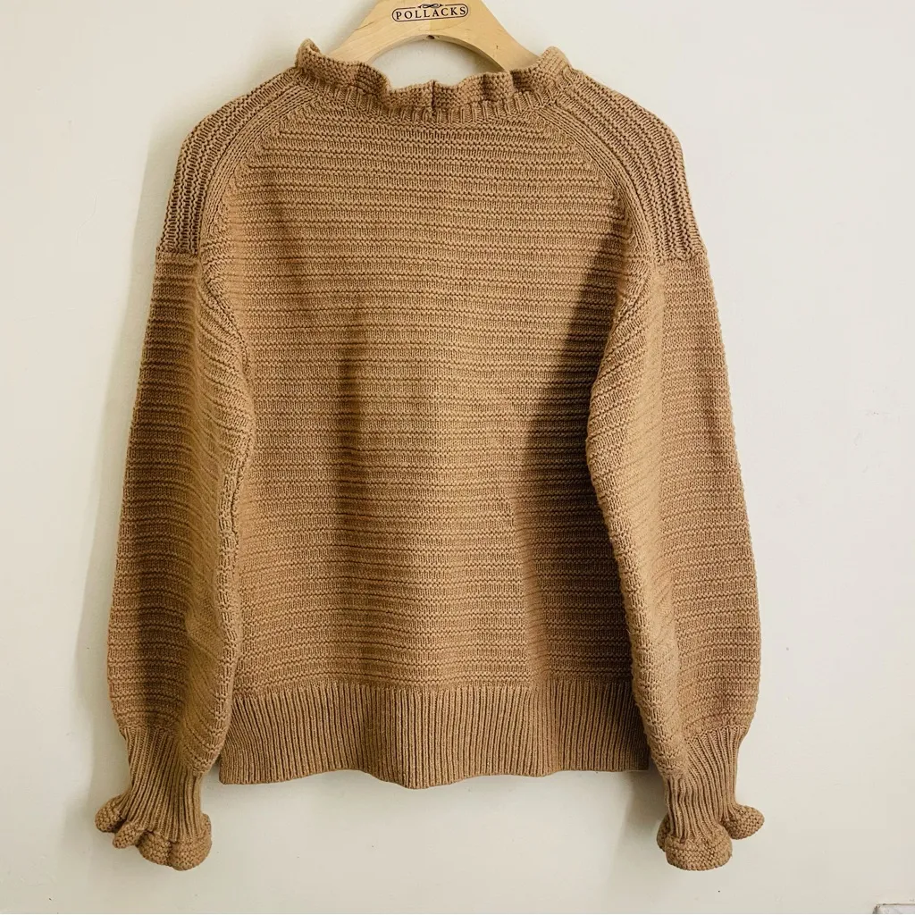 Madewell Merino Wool Blend Textured Knit Ruffle Sweater Camel Brown Size S - Image 5