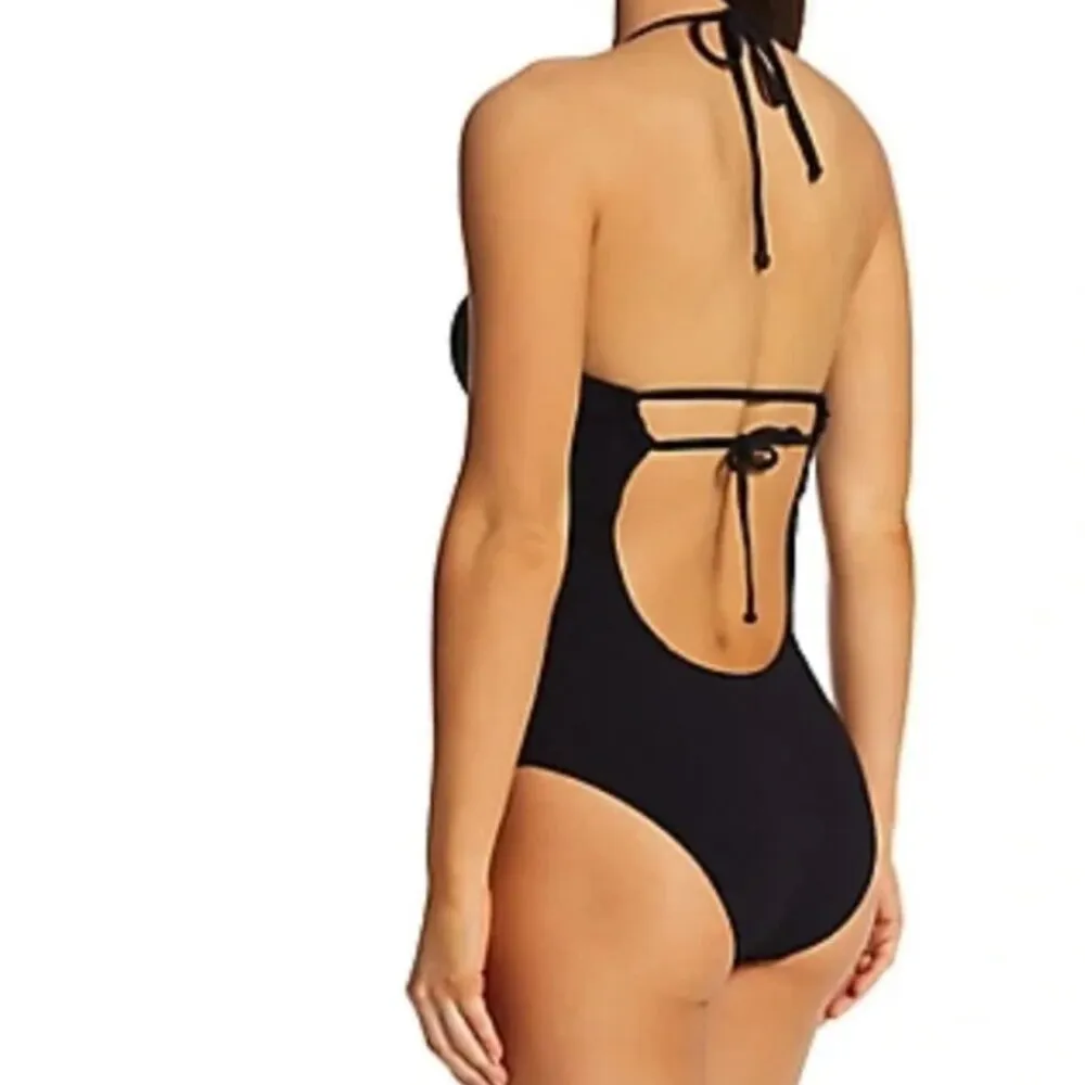 BECCA Pucker Up Candice‎ Large Green Textured Halter Cut Out One Piece Swimsuit - Image 8