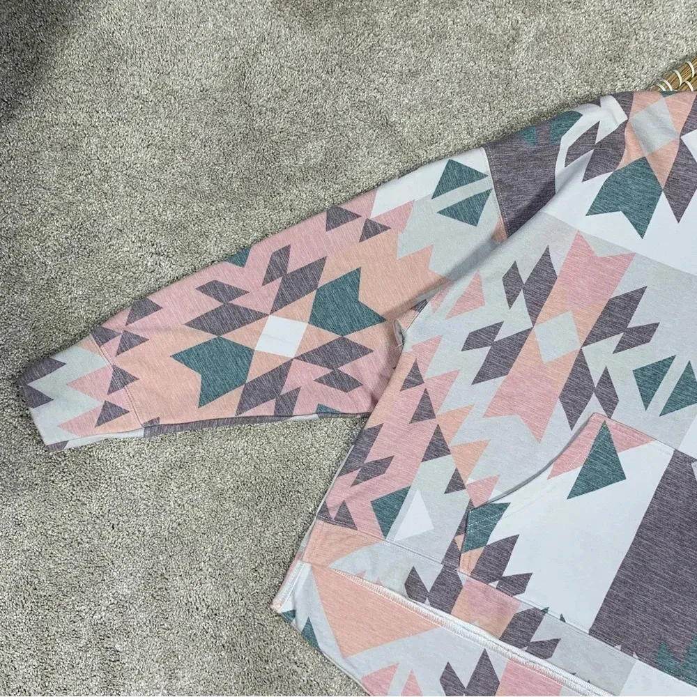 Hooey Women’s Roomy Burgundy Grey Hoodie Sweatshirt Longsleeve Aztec Print S Pink - Image 7