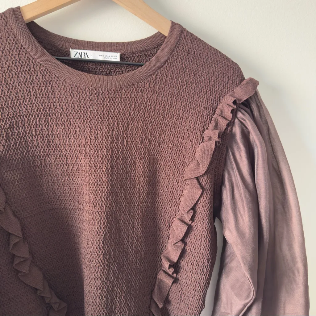 Zara Brown Ruffle Blouse Knit Puff Sheer Long Sleeves Crew Neck Sweater Top EUC - Image 6