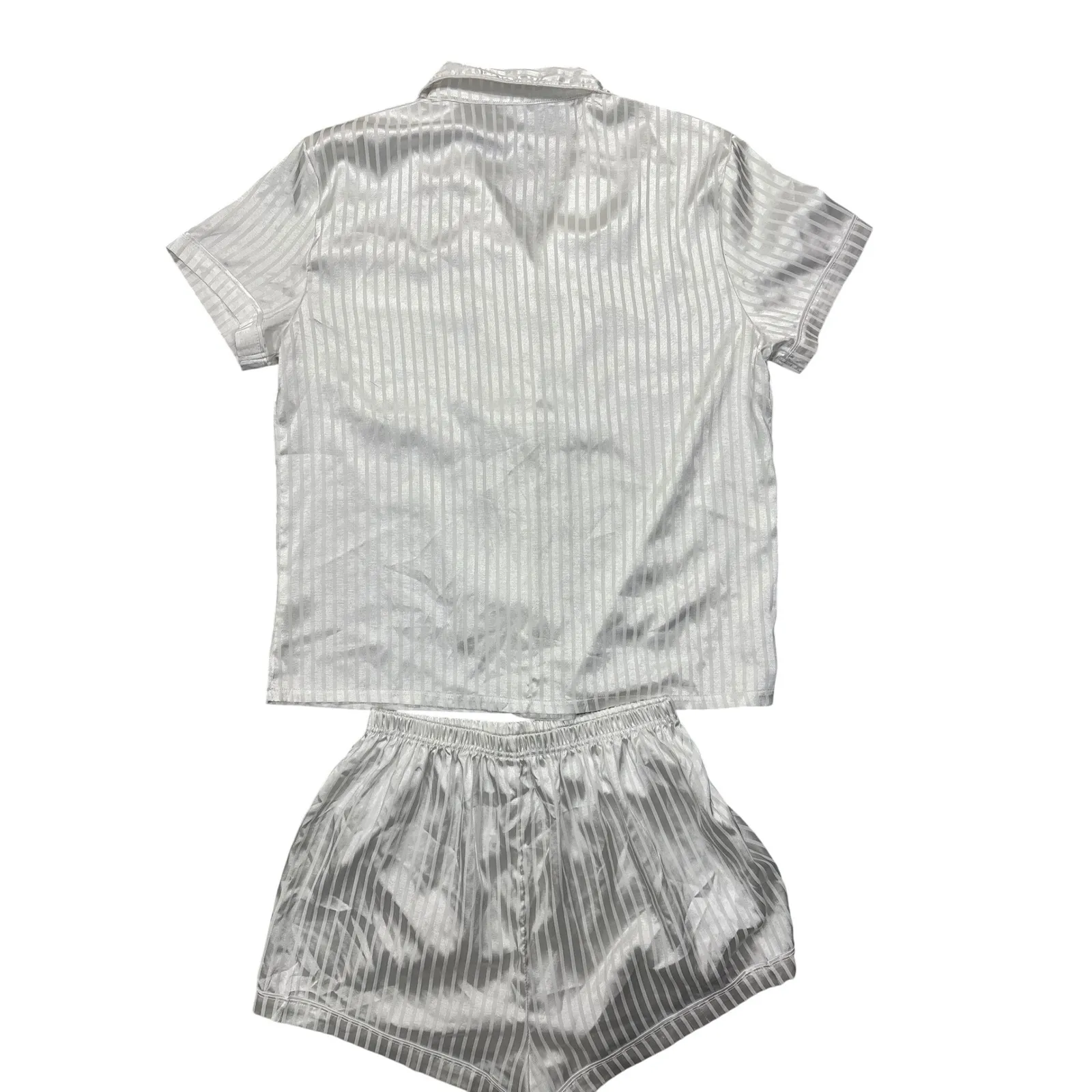 Shein Women's Large White Satin Stripe Pajama Set Shirt Shorts Bridal - Image 2