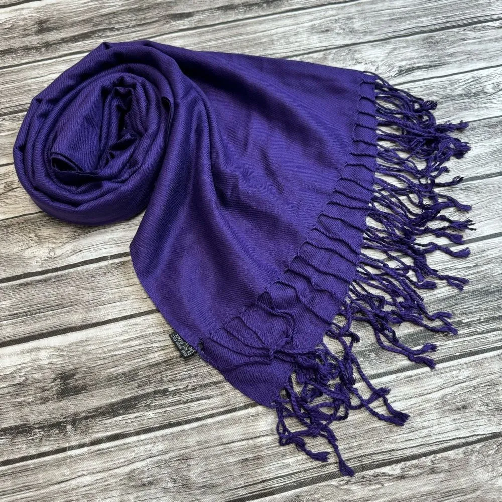 Unbranded Womens Neck Scarf Pashmina Deep Dark Cool Purple Tassels Fringe Ribbed - Image 2