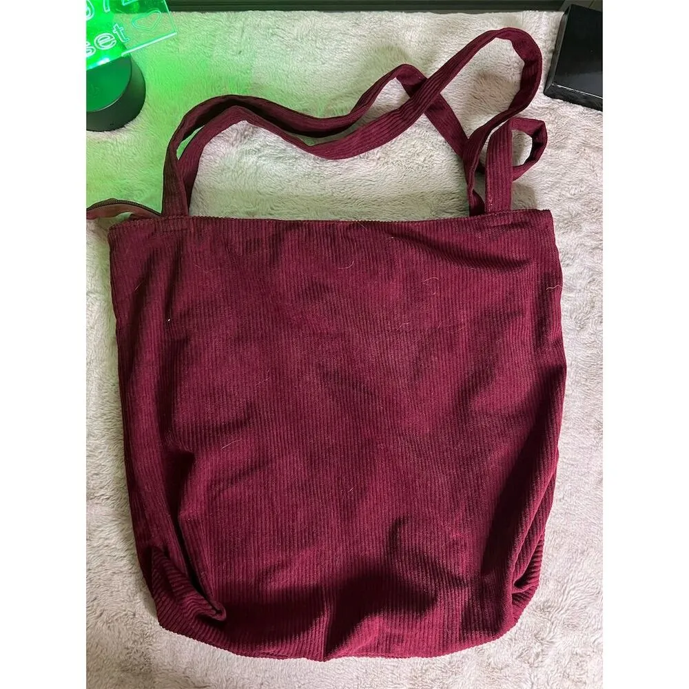 Women's Burgundy Corduroy Tote Bag with Zipper Closure Red - Image 3