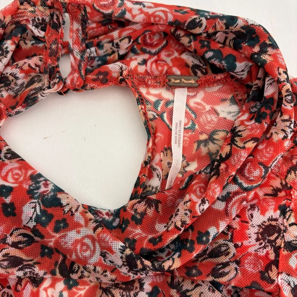 Free People All Dolled Up Floral Mesh Long Sleeve Tie Cuff Top Red L - Image 7