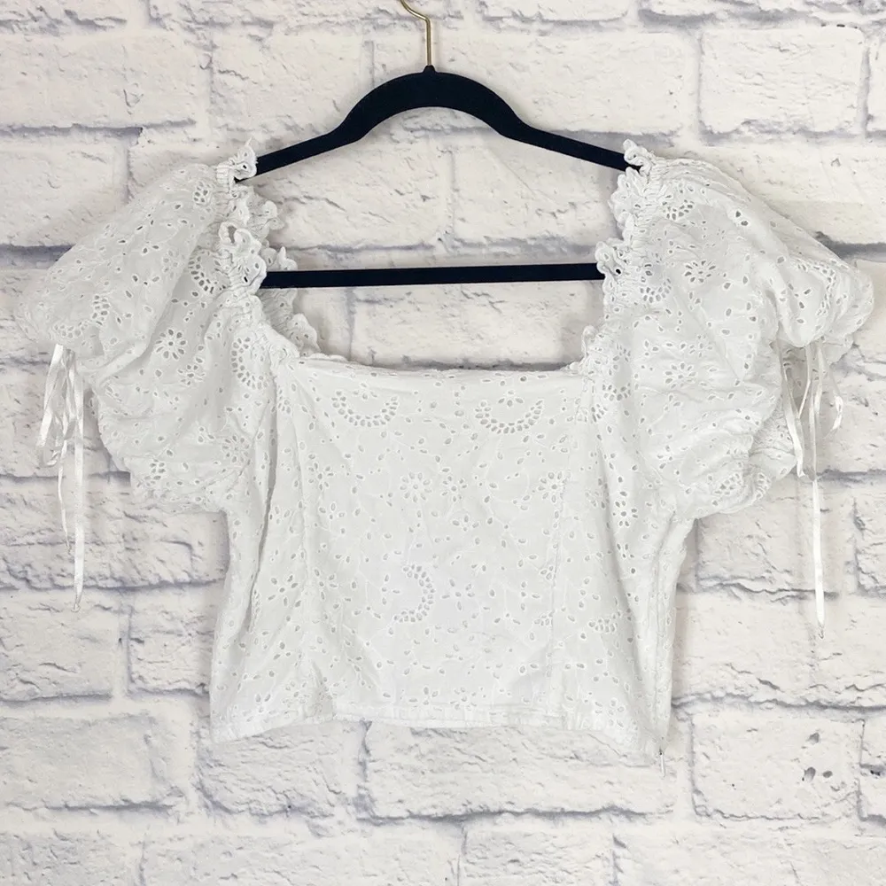 LoveShackFancy Melina white eyelet cropped puff sleeve top 8 - Image 3