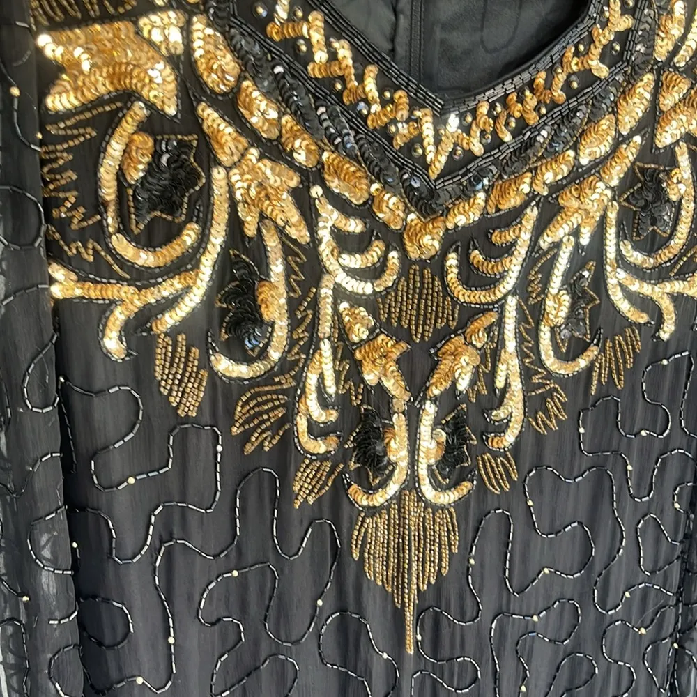 Vintage silk Laurence Kazar beaded maxi dress size XXL black lined evening gown - Image 9