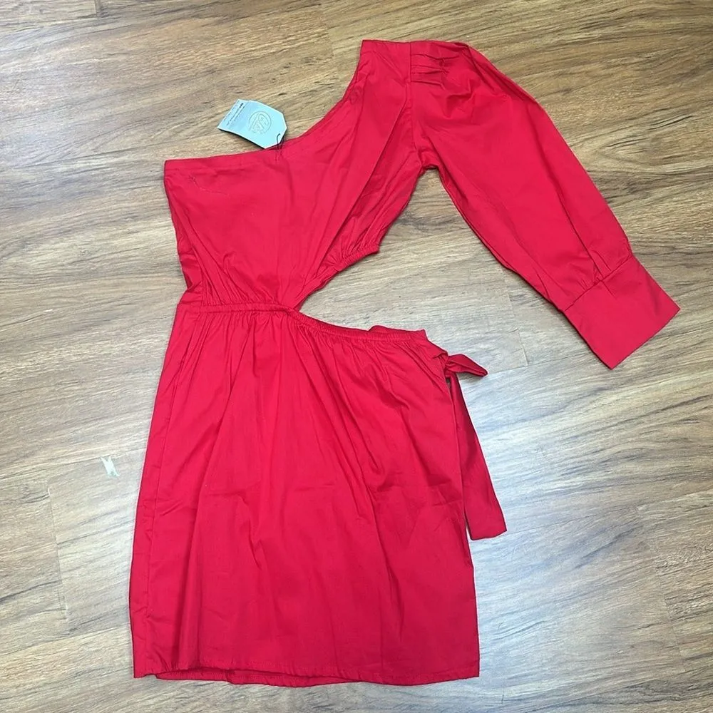 NWT Red One Shoulder Cut Out Side Wraped Tie Long Sleeve Bodycon Sz One Size - Image 10