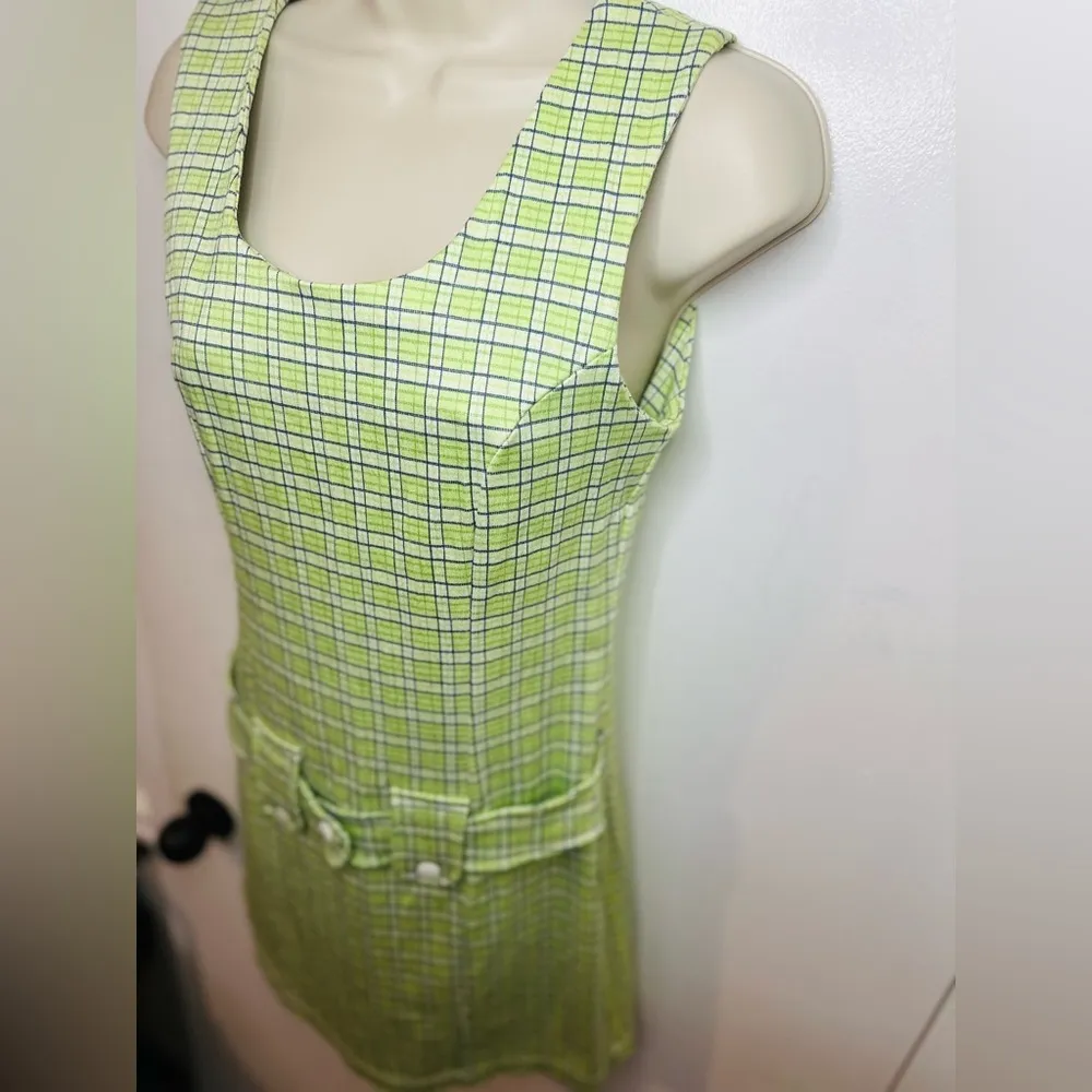 Promod Vintage French Dress Size S. Plaid Chartreuse Green - Image 5