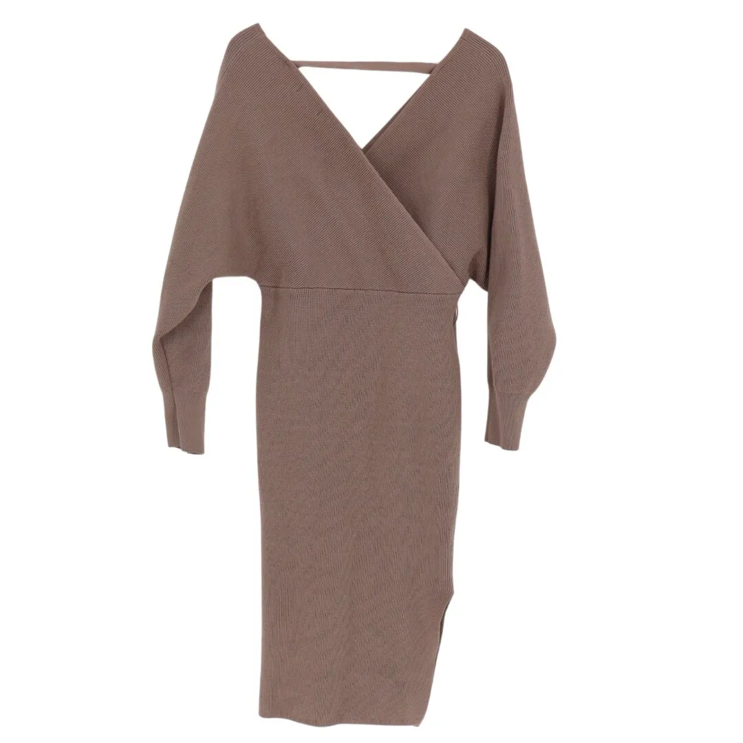 CHERFLY Brown Knit Wrap Midi Dress Batwing Sleeve V Neck Size M Size M - Image 5