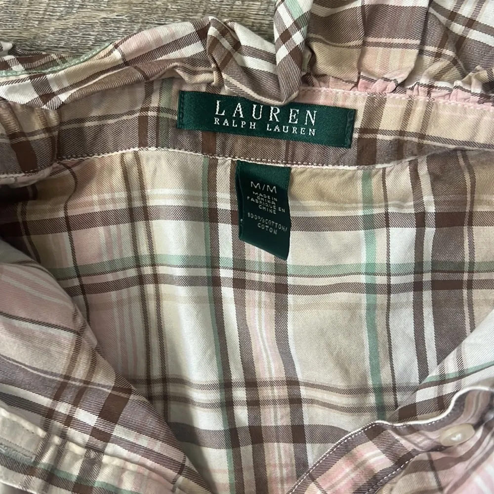 Ralph Lauren Plaid Earth Tone Ruffle Button Down Size Medium - Image 2
