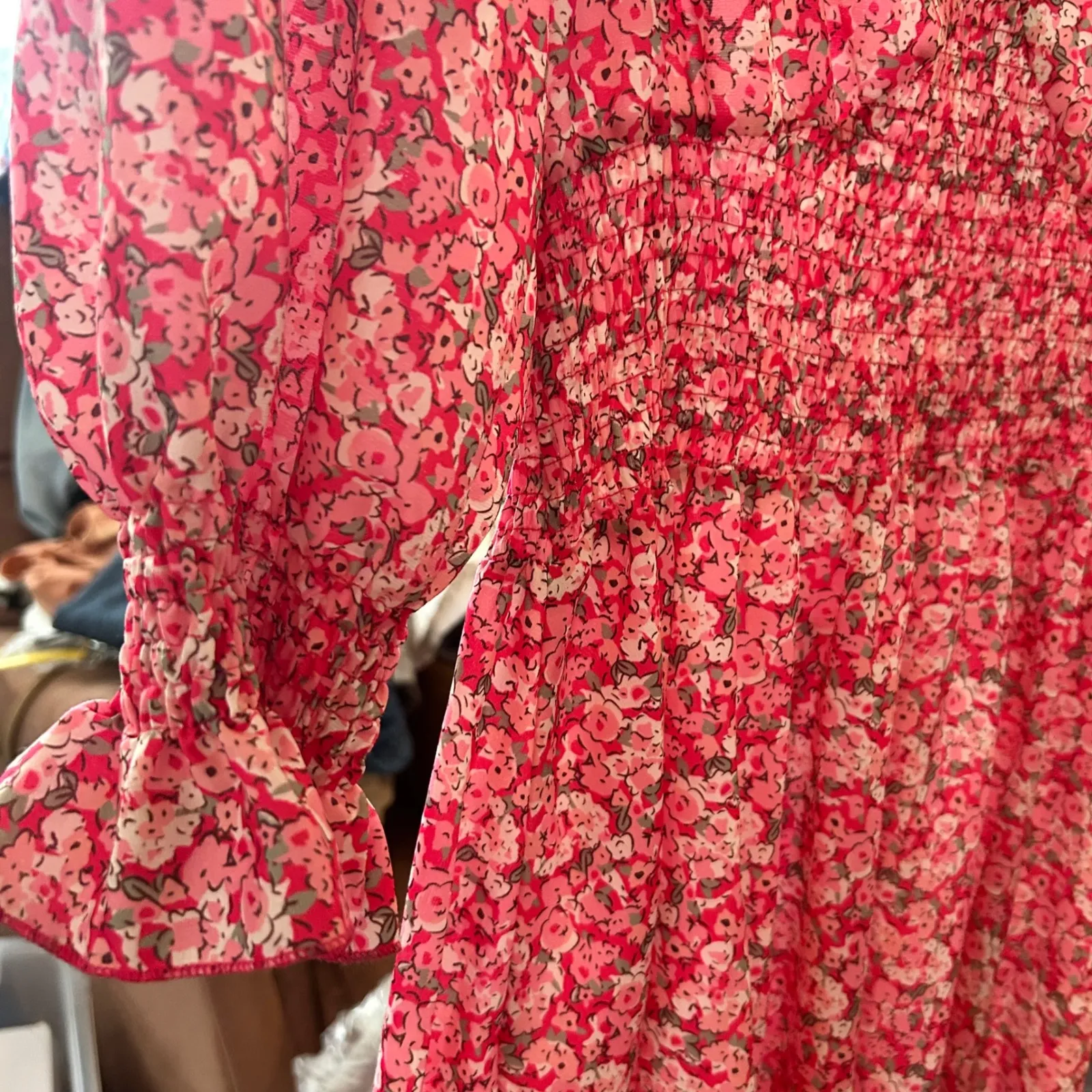 Floral Mini‎ Dress Pink White V Neck Smocked Waist 3/4 Sleeve - Image 6