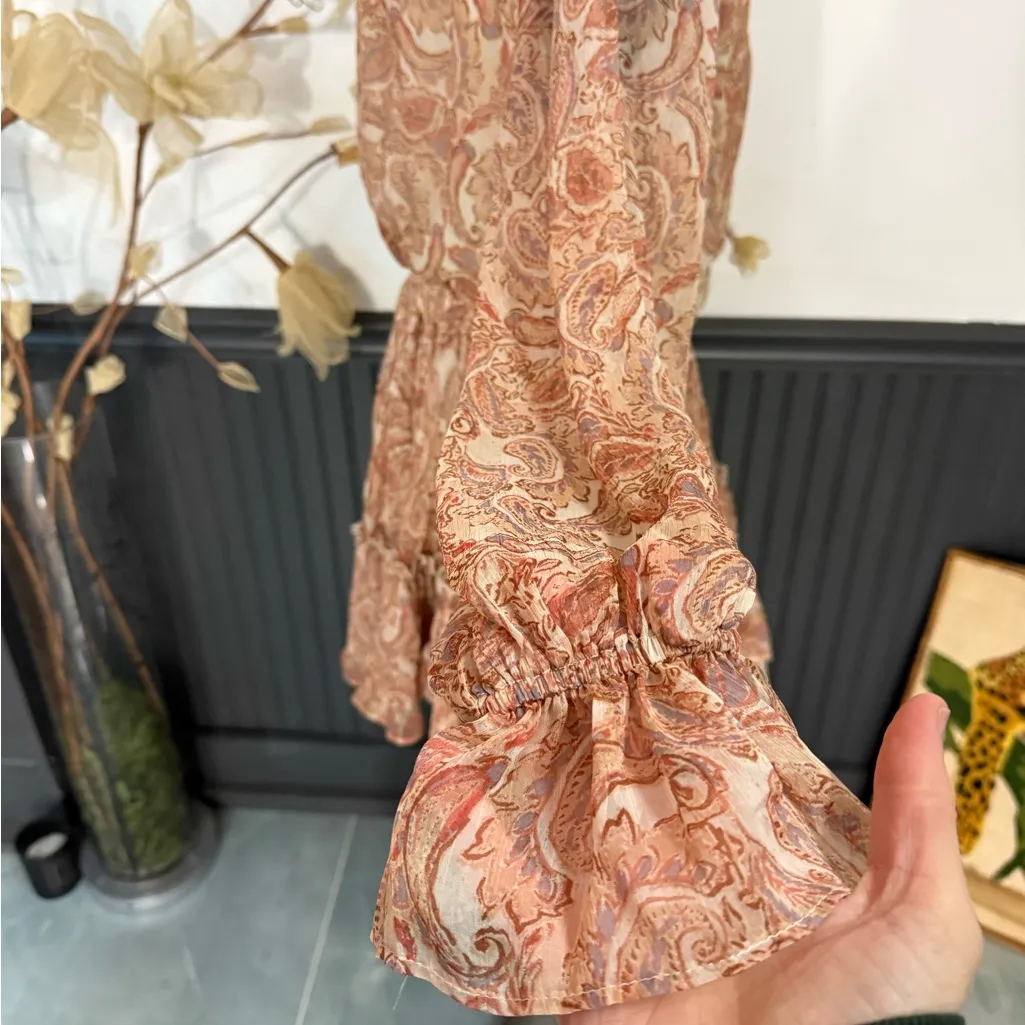 Fate Paisley Print Boho Tiered Ruffle Mock Neck Mini Dress Sz Small 🧡🍄 Brown - Image 5