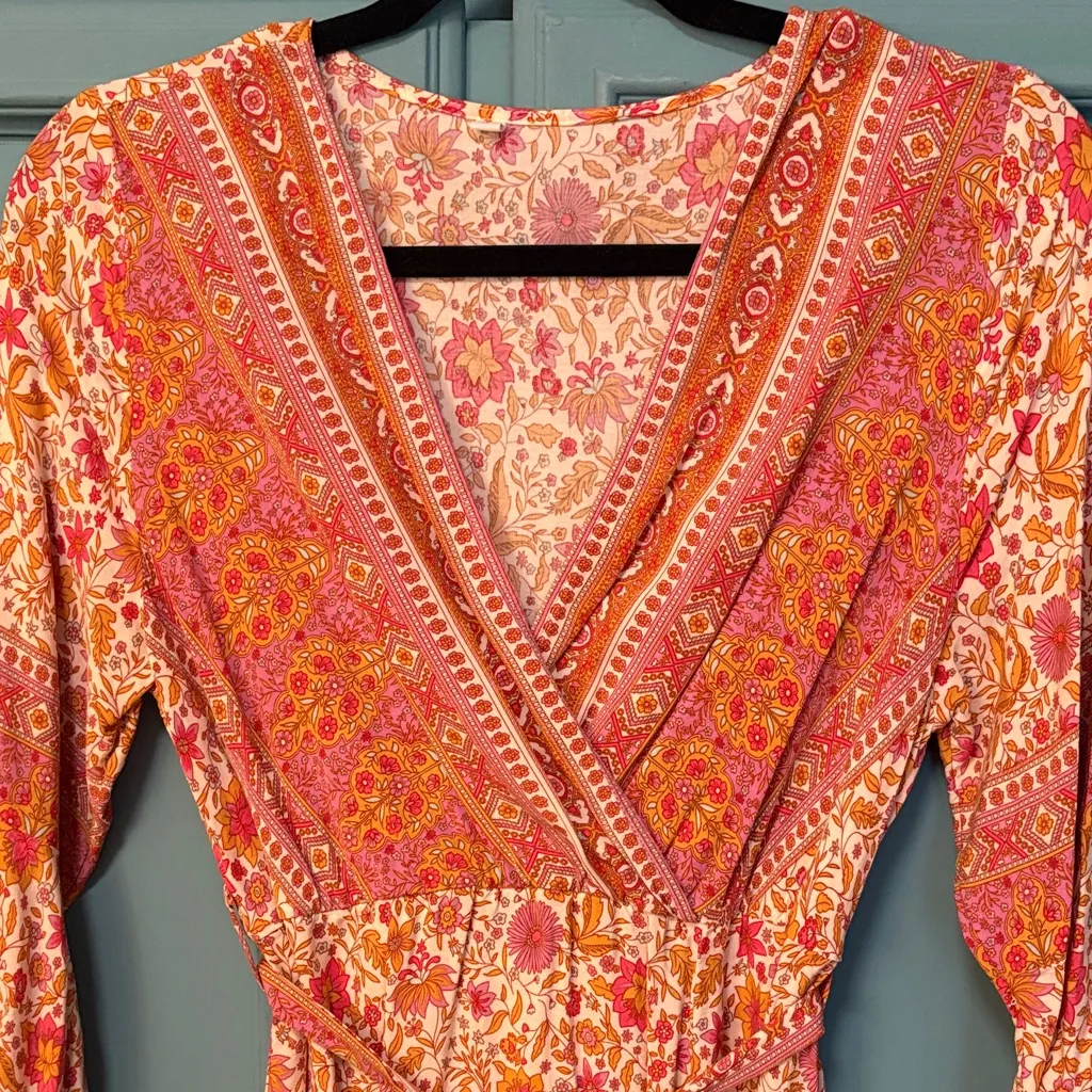 Floral Bohemian Orange, Cream, Aqua, Gold & Pink Maxi Dress Size L - Image 9