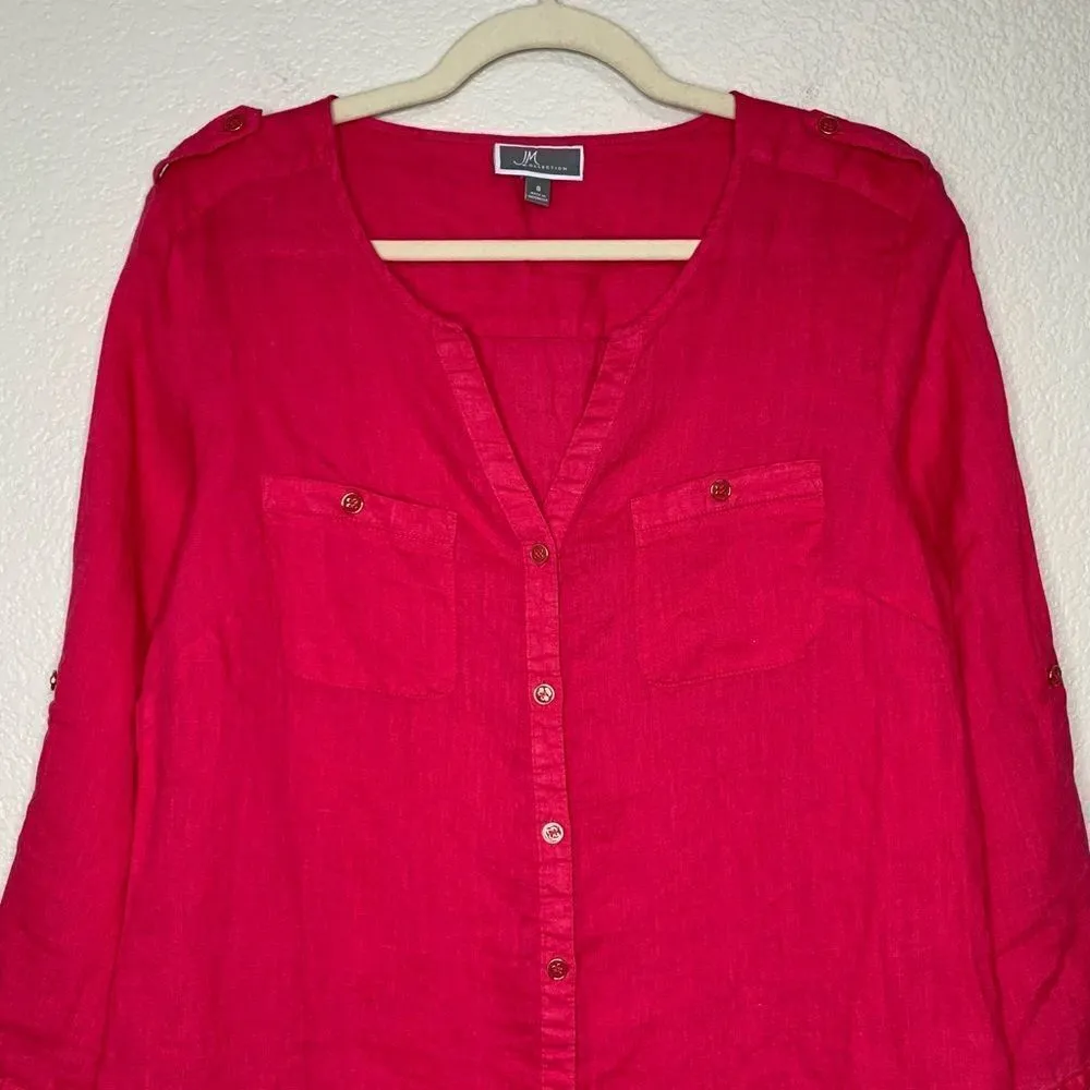 JM Collection 100% Linen Pink Button Down Women’s Shirt - Image 2