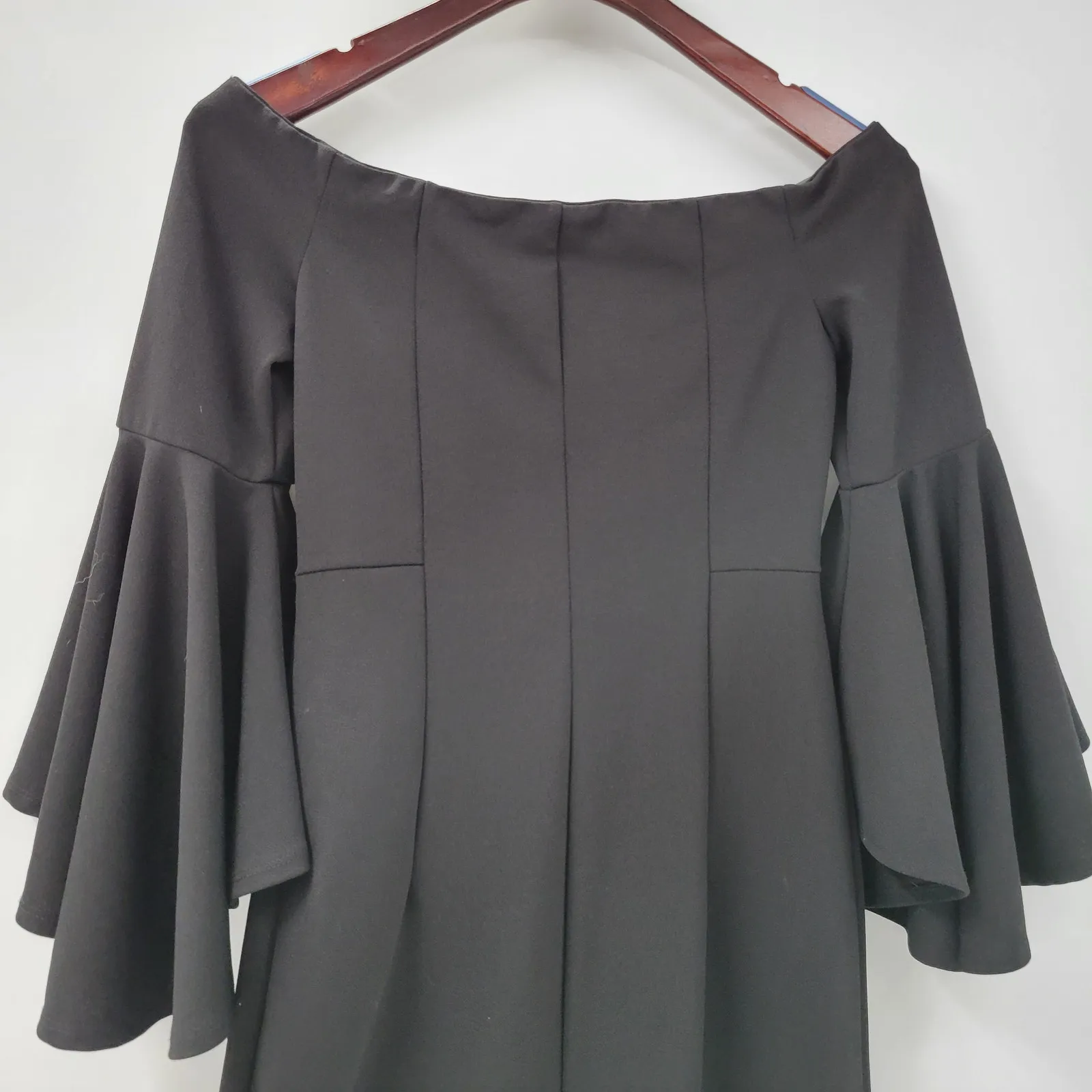 VTG‎ Bailey Blue Sheath Dress Womens M Black Trumpet Bell Sleeve Side Slit y2k - Image 7