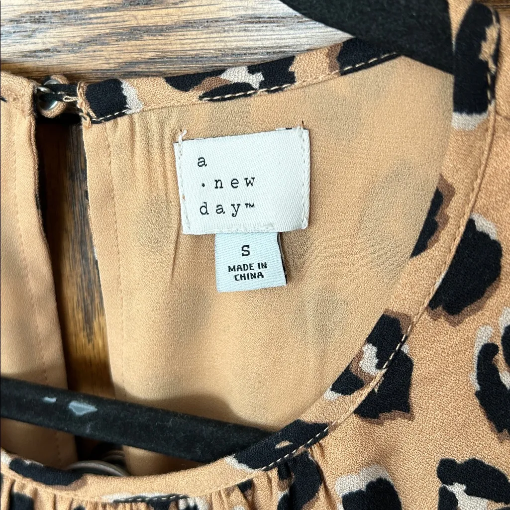 A New Day Leopard Cheetah Animal Print Long Sleeve Mini Dress Tie Waist Sheath S - Image 5