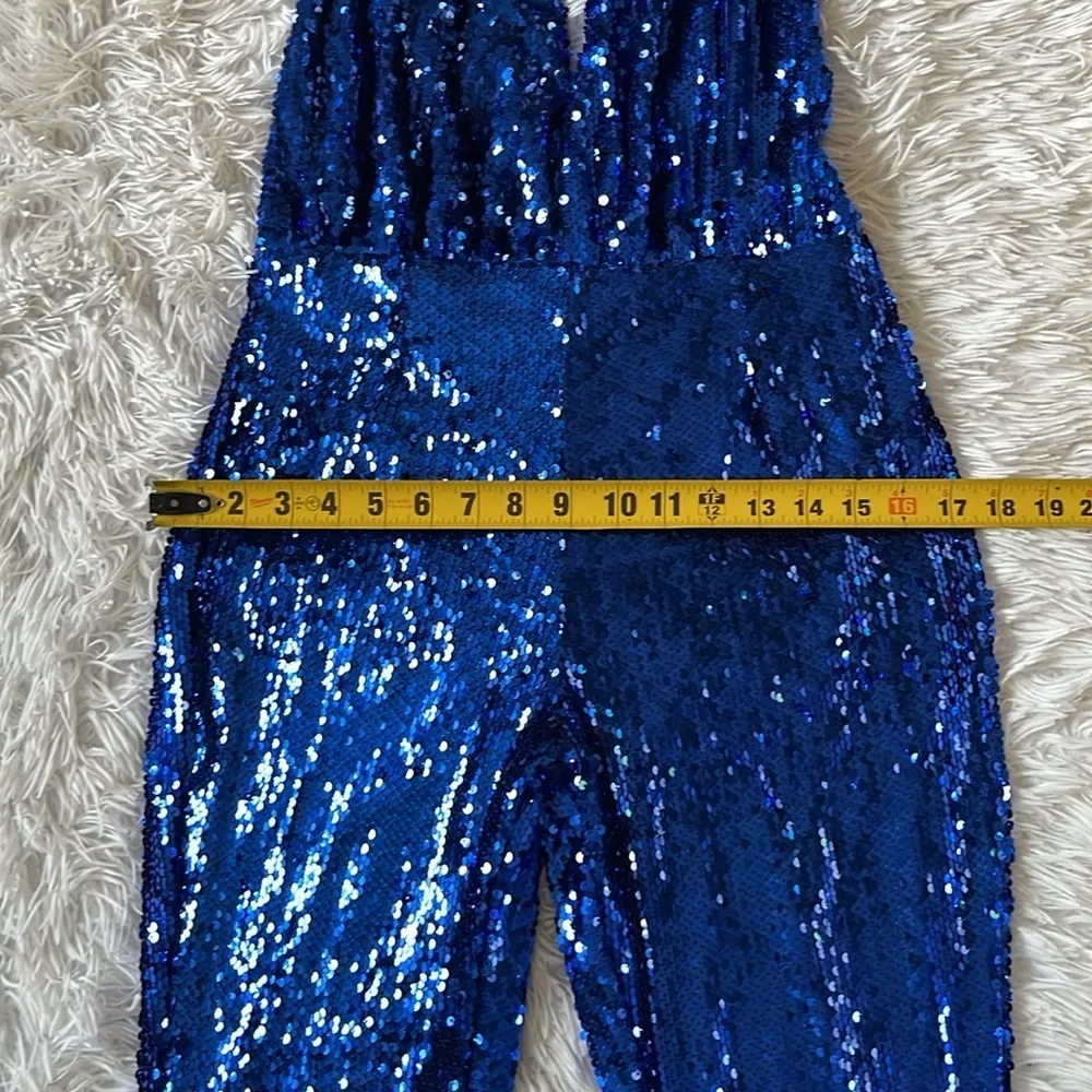 NEW NASTY GAL Womens Petite Sequin Halter Neck Flared Jumpsuit Royal blue size 6 - Image 6