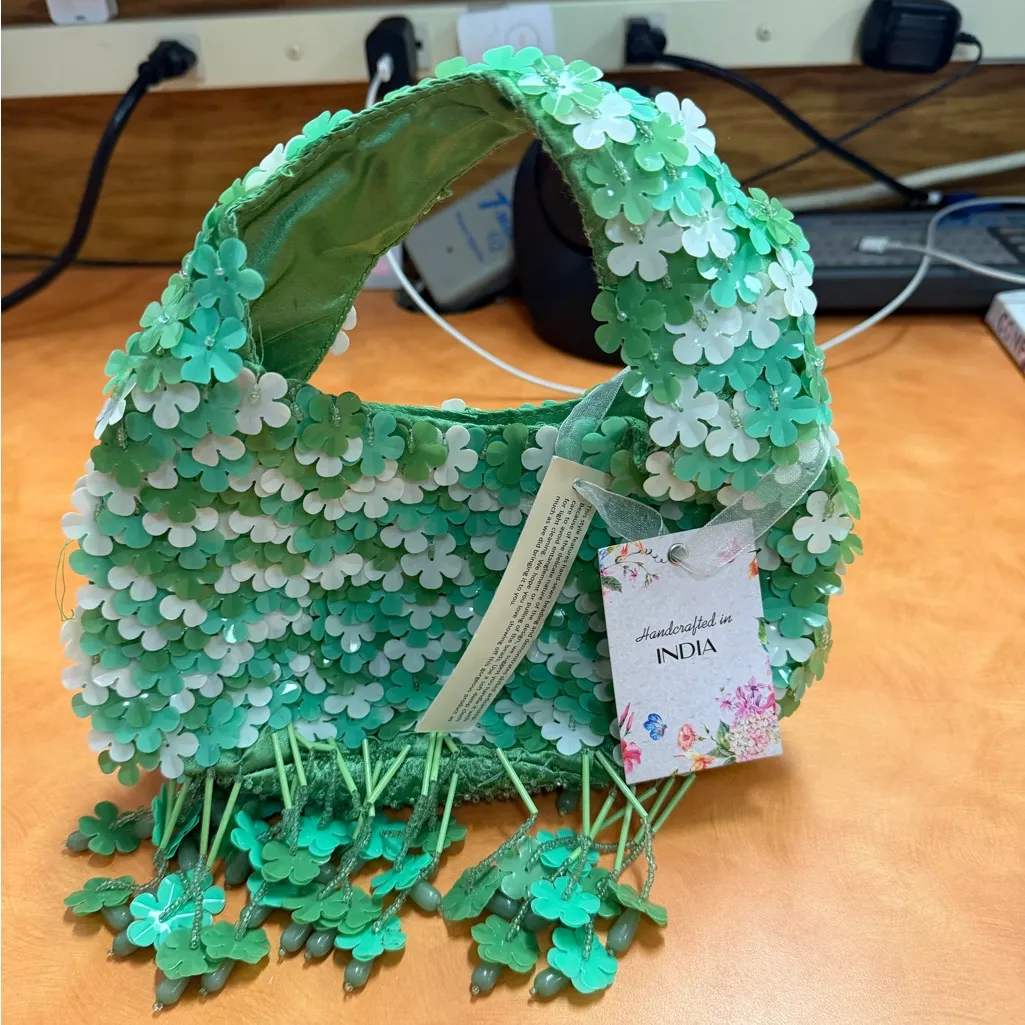 Handcrafted in India Floral Embellished Mini Bag in Green - Image 3