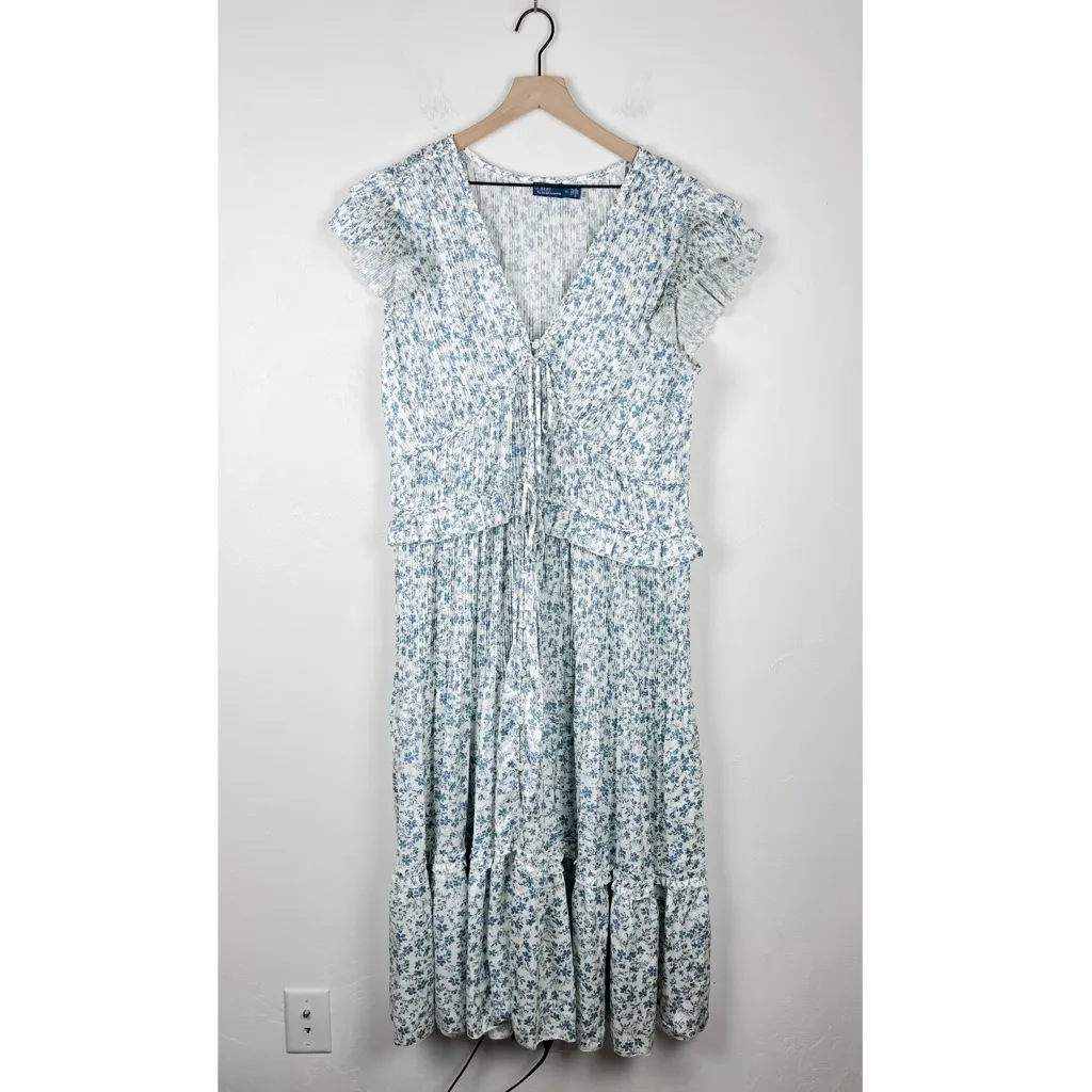Polo Ralph Lauren Olea Floral Plisse Satin Blue White Floral Pleated Midi Dress - Image 9