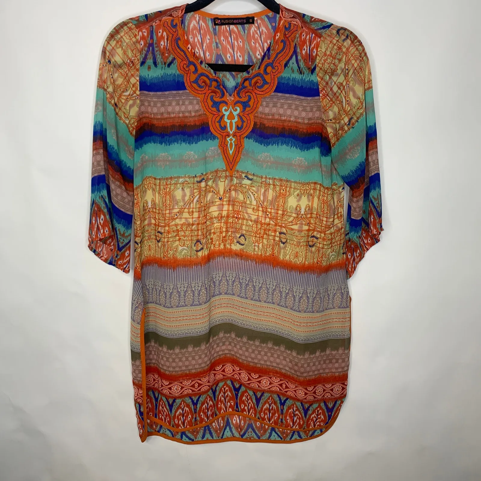 Sheer Bright Tunic Tribal Pattern Embroidered Collar Sz Small Orange - Image 6