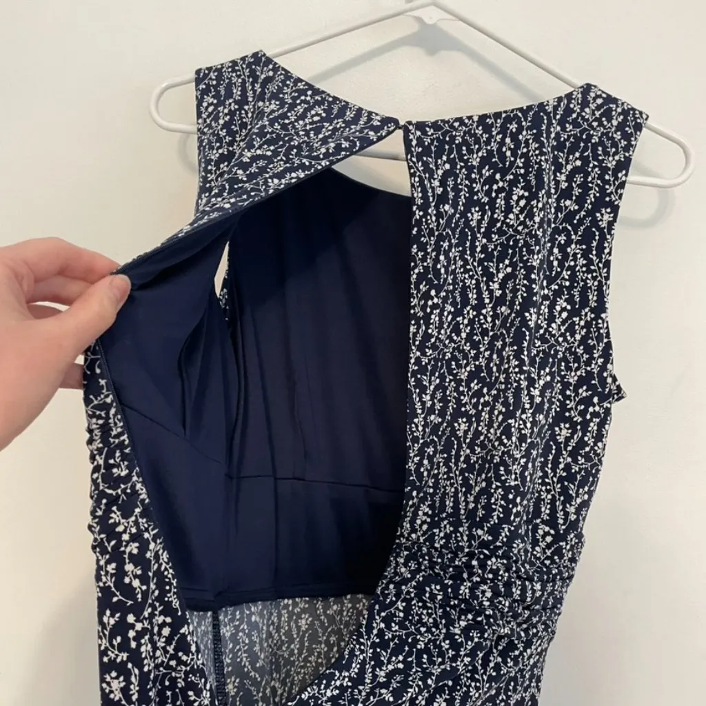 JESSICA HOWARD Ruched A-Line Dress Navy Blue White Floral Sleeveless Midi Office - Image 15