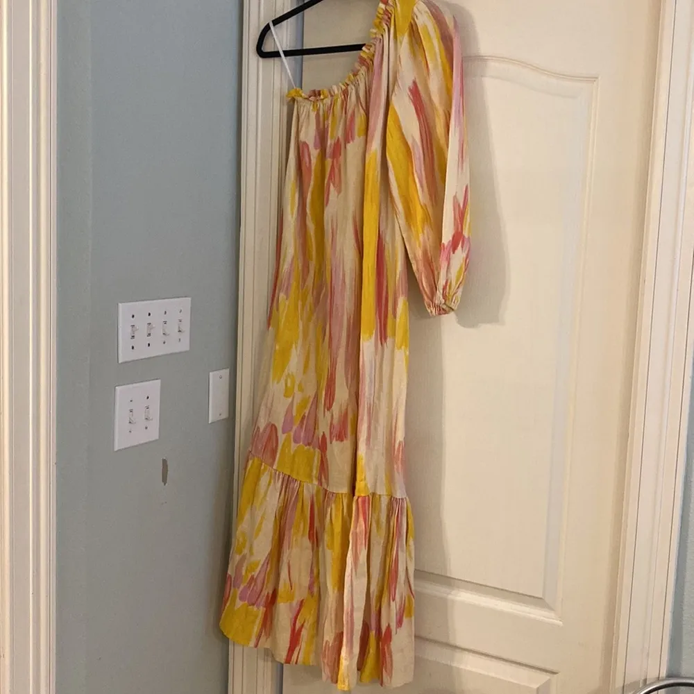 Little Lies Costa Rica One Shoulder Linen Pink Yellow Dress - Image 5