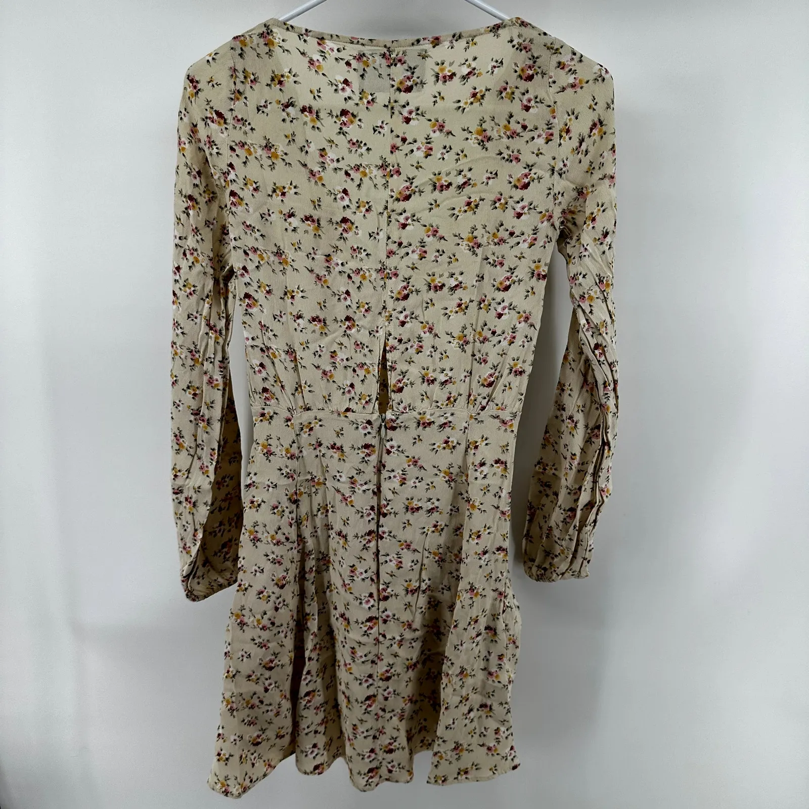 Reformation Misha Dress Fit & Flare Mini Floral V Neck Peasant Pocket Beige 2 - Image 6