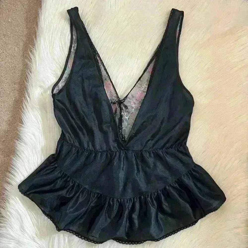 Vintage Floral Sheer Lace Deep V Ruffle Camisole Large Pink - Image 5