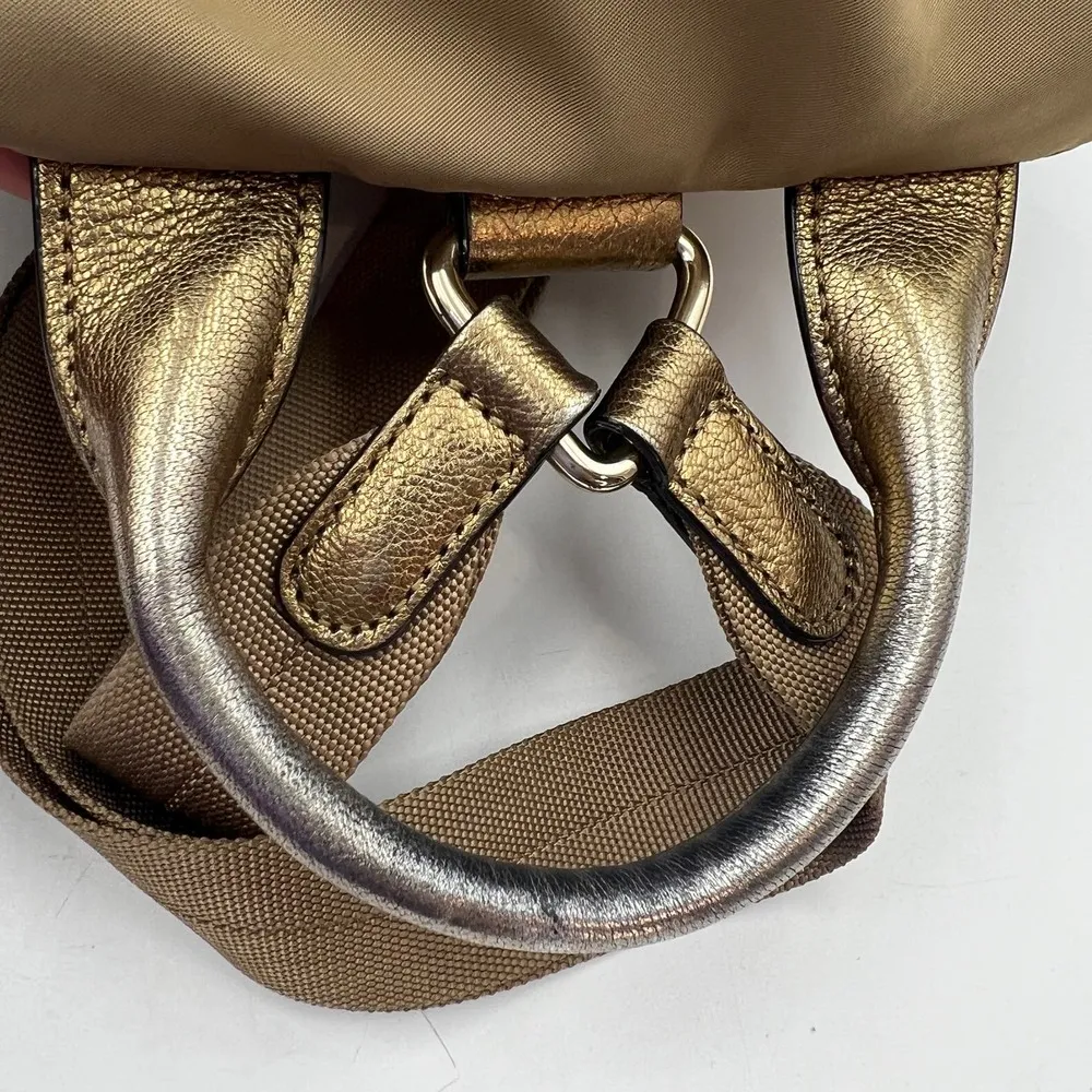 MZ Wallace Marlena Bedford Nylon Drawstring Backpack Tan Metallic Leather Trim - Image 9