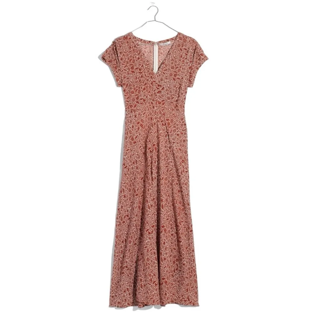 Madewell Woodblock Floral V-Neck Front Slits Maxi‎ Dress Brown Cream Size 2 - Image 6
