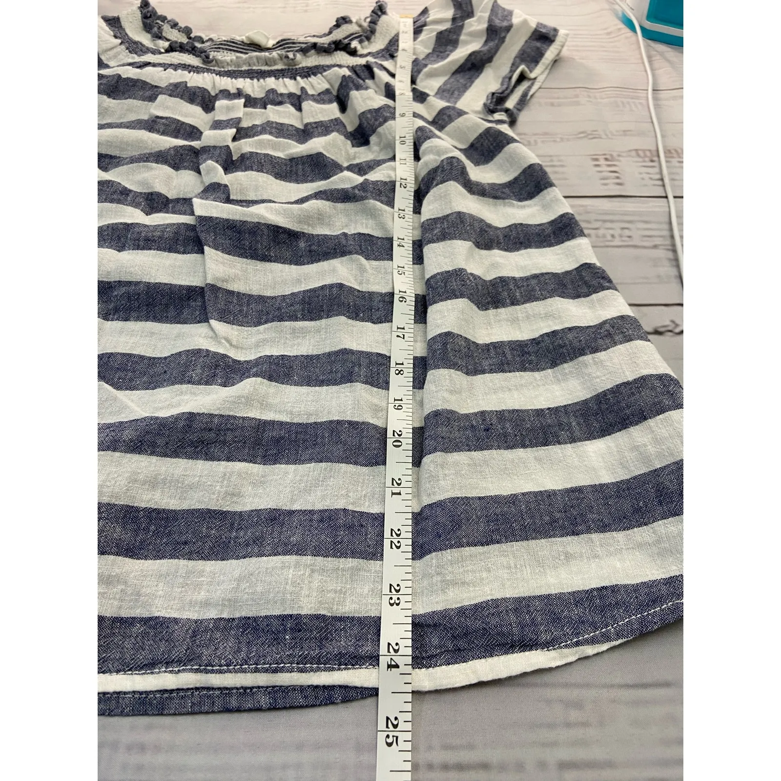 BeachLunchLounge Linen Tee Shirt Womens S Off On Shoulder Smocked Pleat Striped - Image 11