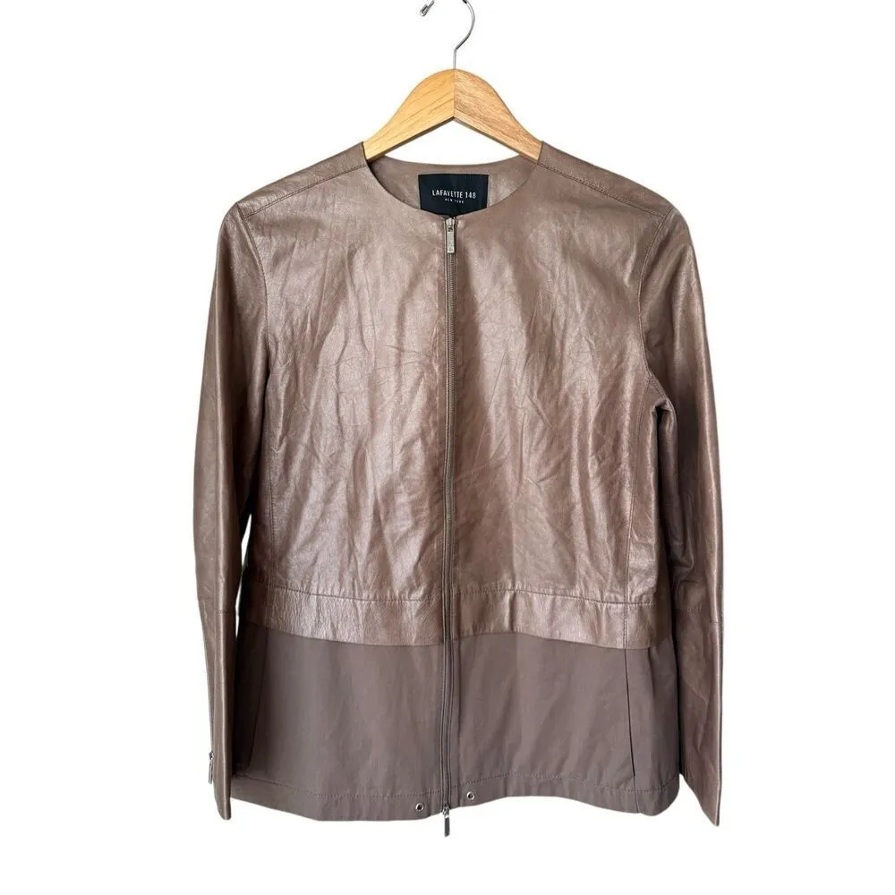 Lafayette 148 Two Tone Taupe Leather & Cotton Jacket Size S Brown - Image 2