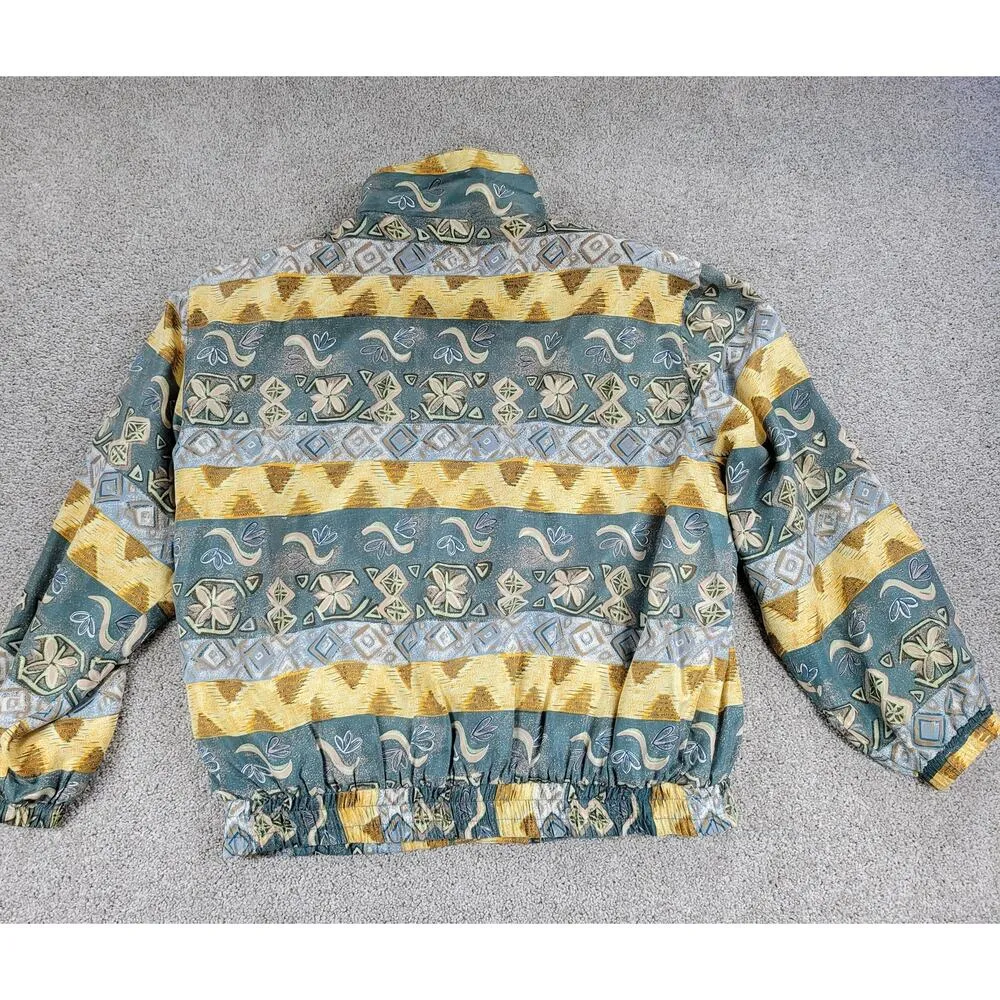VINTAGE Otello Pelle Silk Track Suit M Green Yellow Print Shoulder Pads 80s Size M - Image 3
