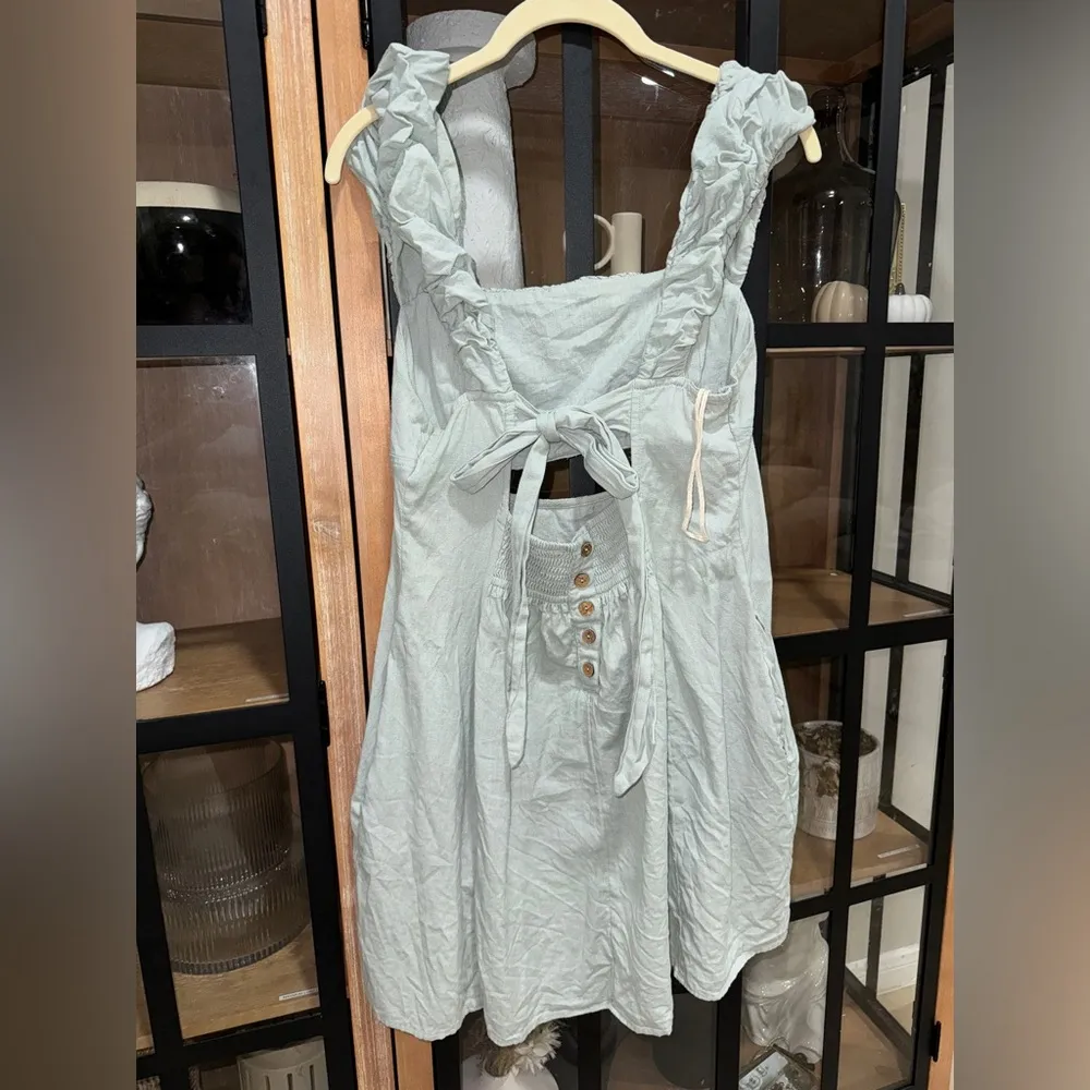 Free People mini dress Bom Bom Island linen cotton cutout sage babydoll ruffle - Image 4