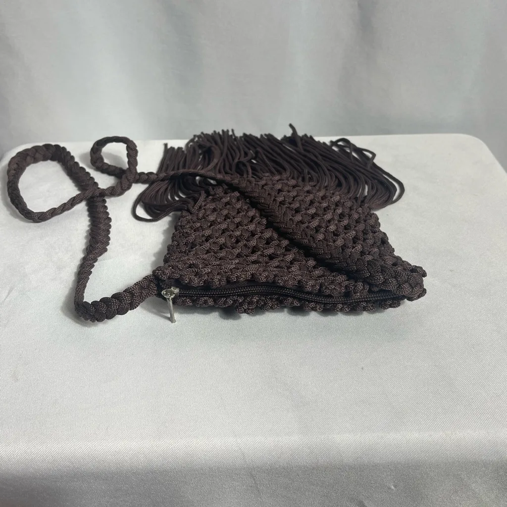 Vintage Boho Macramé Fringe Crossbody Bag Brown Handmade Festival Purse - Image 3