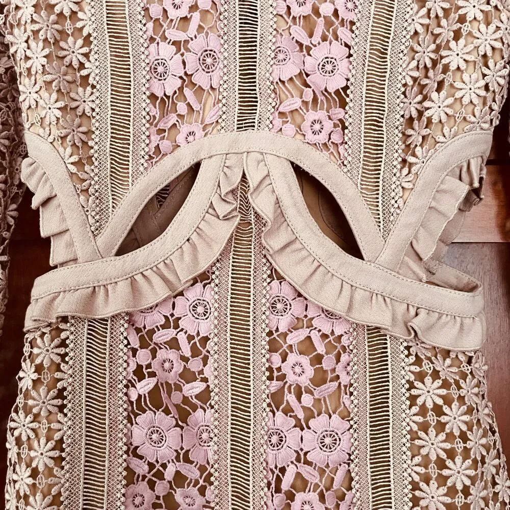 Self Portrait Payne Dress Maxi Floral Lace Cutout Long Sleeve Tan Pink Size 0 - Image 6