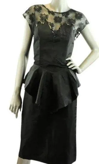 Vintage 1980s Orleon de Paris Black Dress with Floral Lace and Sequins Medium - Image 1