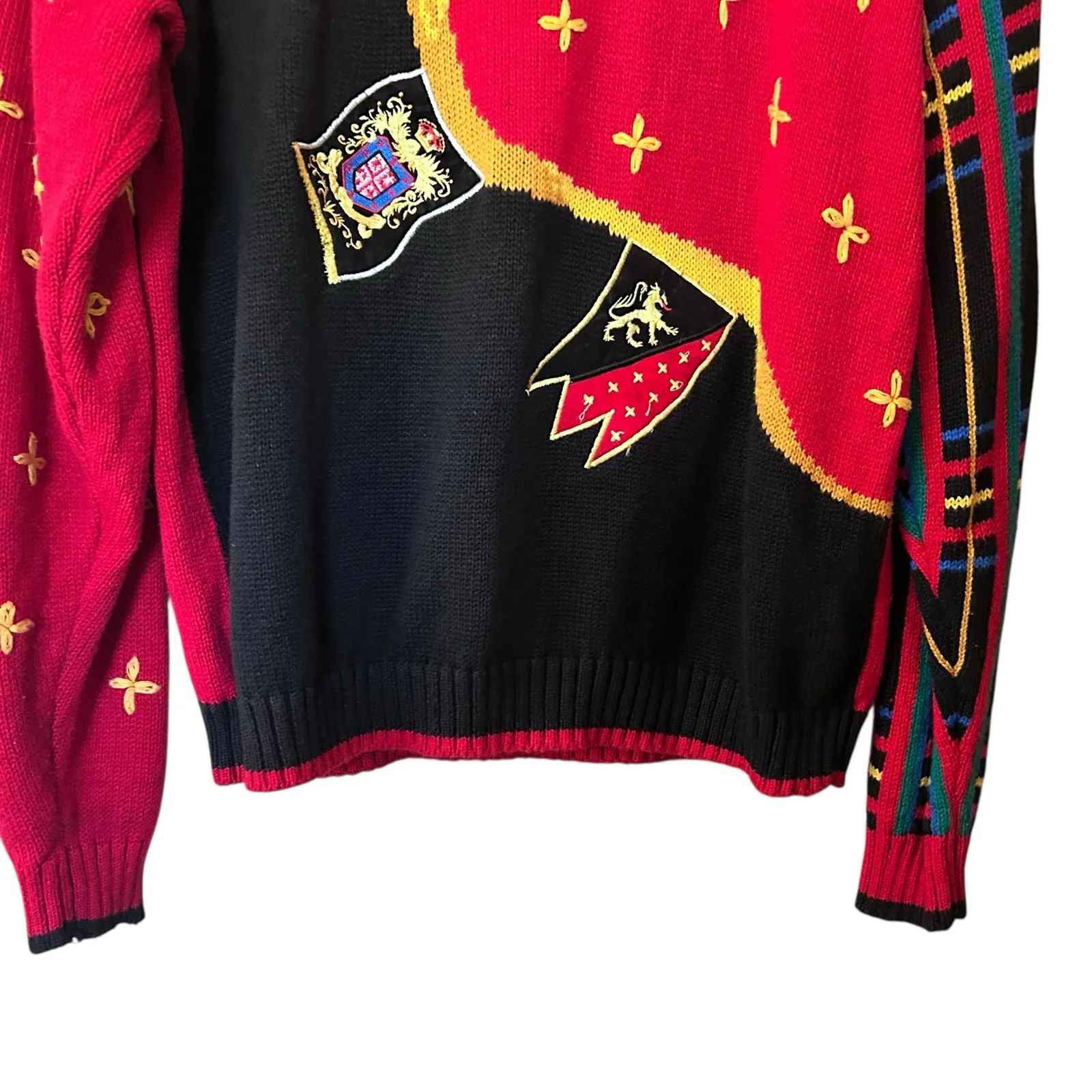 Vtg 1990s LUCIA Women's Sweater Coat of Arm Patches Sz XL Red / Black Colorblock - Image 4