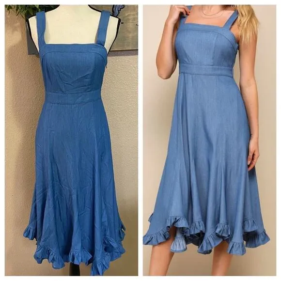 NWOT Lulus Darling Time Blue Chambray Handkerchief Midi Dress With Pocke… - Image 2