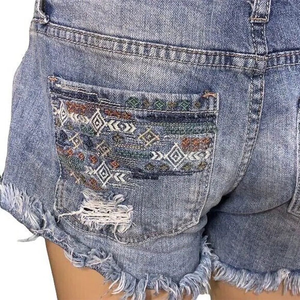 Rue21 Womens Denim Blue Jean Shorts Embroidered Cutoff Distressed Size 5 6 - Image 5