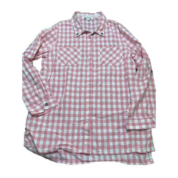 Simply Noelle Pink White Checkered Button Up Shirt Size L/XL Tab Sleeves - Image 1