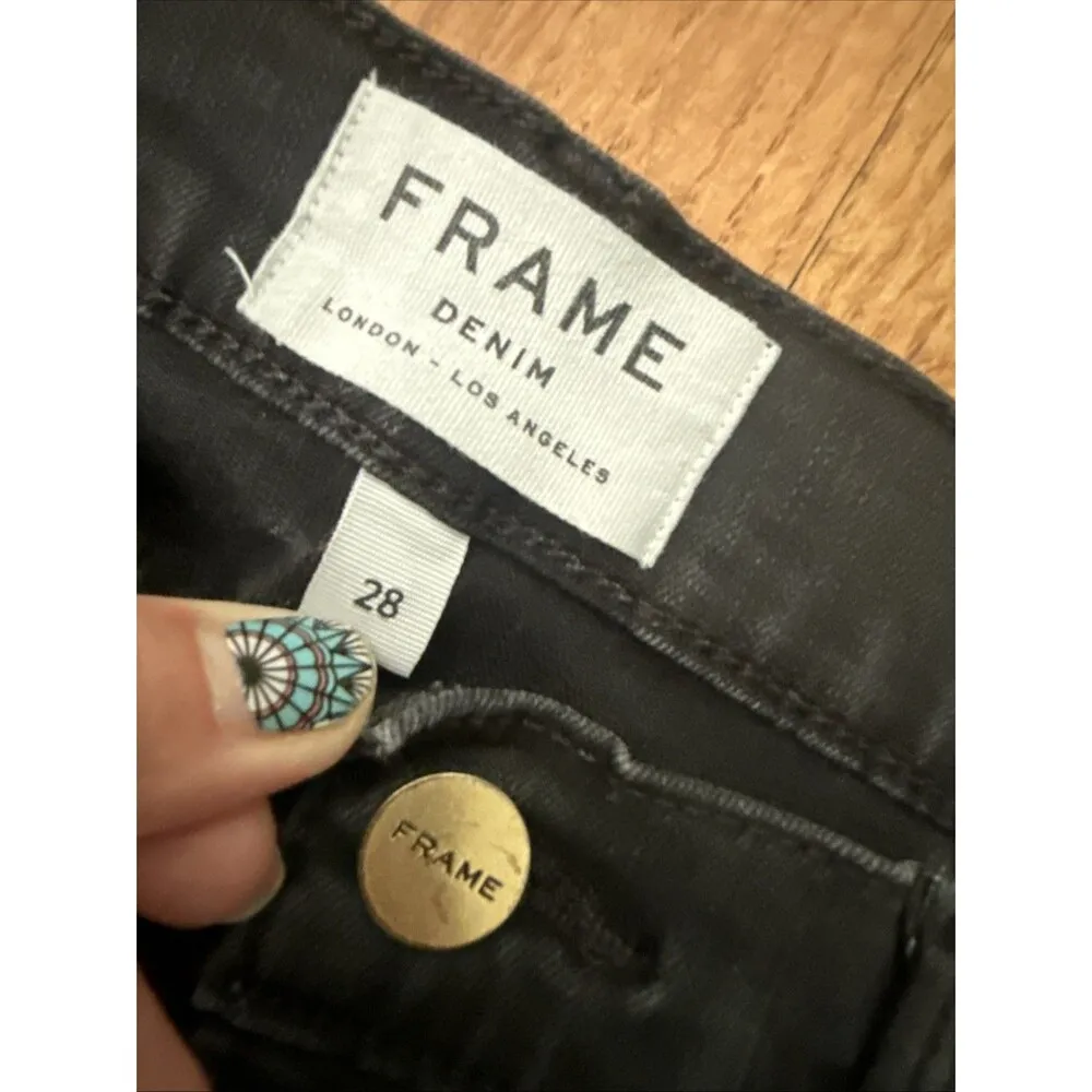 FRAME Le High Straight Film Noir Black Jeans Distressed Hem SZ 28 6 - Image 5
