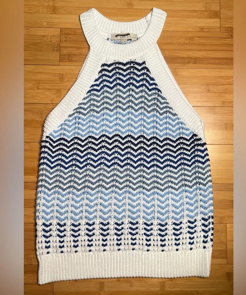 Loft Womens Maui Blue Textured Stripe knit Racerback Halter Sweater|Sz:L-Petite - Image 6
