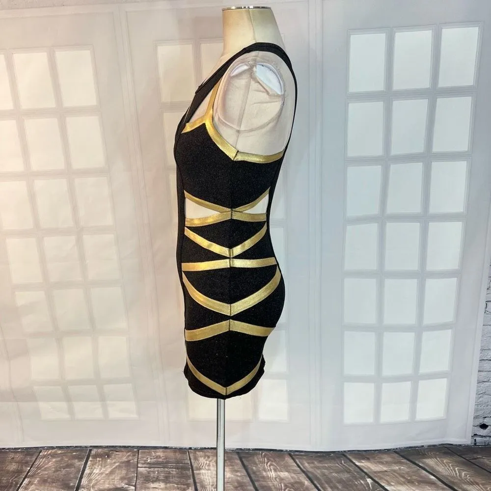 Bebe Addiction Cut Out Gold Metallic Bandage Bodycon Black Mini Dress Size S - Image 6