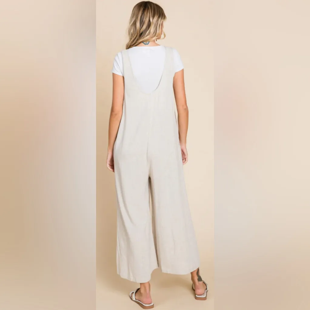 JODFIL Women’s Linen Blend Wide Leg Jumpsuit in Oatmeal Size Small‎ NWT - Image 2