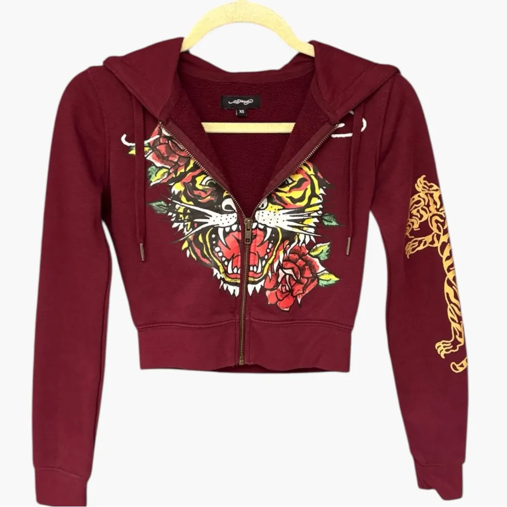 Ed Hardy Burgundy Hoodie with Tiger and Rose Cropped Zip Hoodie Size XS Retro - Image 6