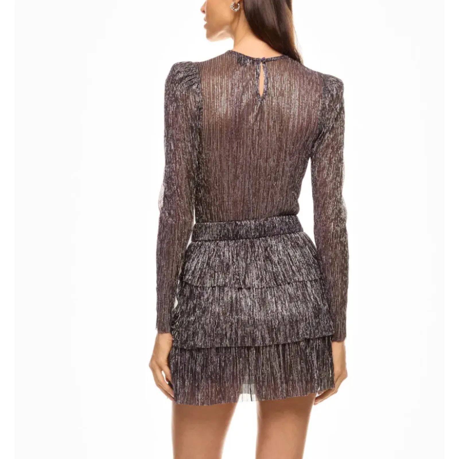 Sabina Musayev Purple Tier Ruffle Mini Dress LARGE Plisse Metallic Cocktail $285 - Image 2