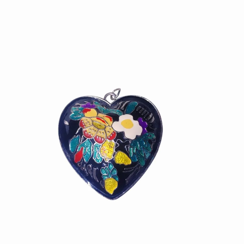 Floral Cloisonné Heart Shaped Pendant Necklace Vintage Silver Tone Adjustable - Image 12
