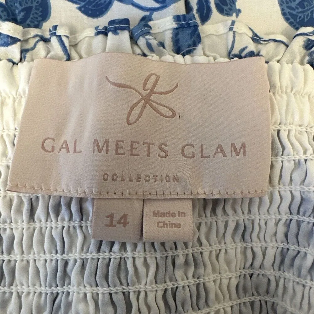 Gal Meets Glam Olivia Dress Size 14 Blue White Floral Ruffle Sleeve Pockets Belt - Image 7